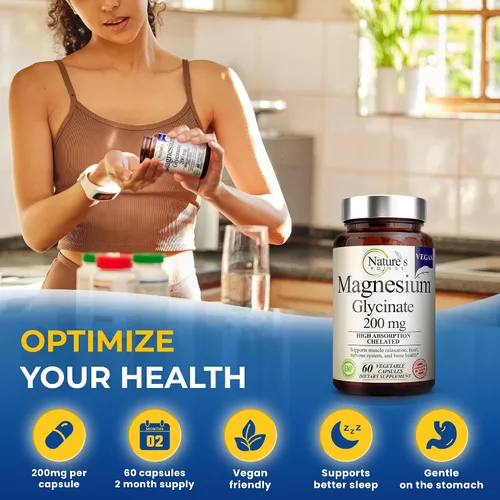 Miniatura 4 de Nature's Potent Glicinato de magnesio 200 mg Magnesio quelado de alta absorción Apoyo para dormir, calma y calambres musculares Suplemento