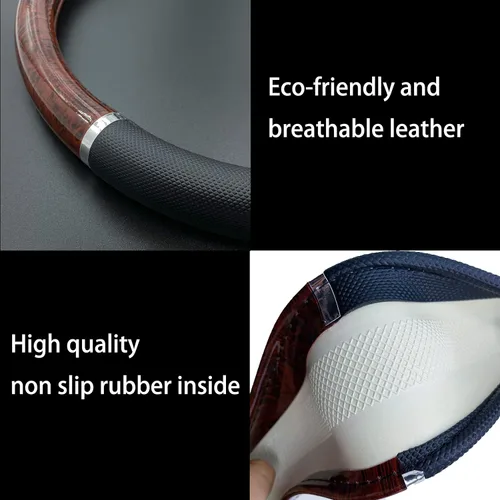 Miniatura 3 de Funda de cuero para volante con textura de grano de madera, protector elástico de volante para coche y SUV, universal de 38 cm, antideslizante