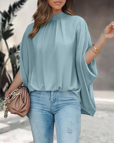 Miniatura 2 de BTFBM Blusas de verano para mujer, cuello alto falso, manga murciélago, holgadas, dobladillo alto y bajo, blusas informales de gran