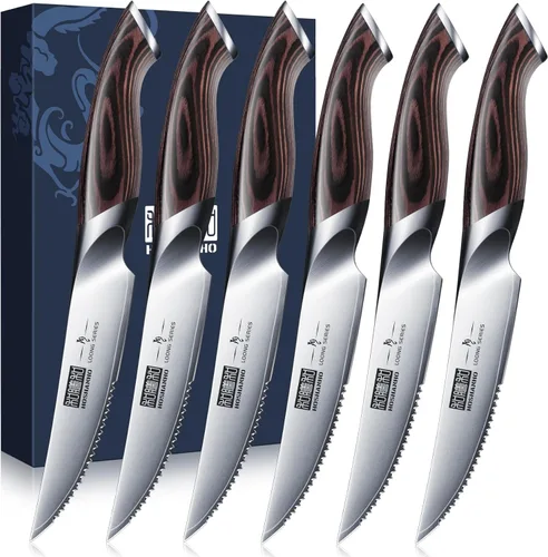 HOSHANHO Juego de 6 cuchillos para carne, juego de cuchillos de carne ultra afilados de 4.5 pulgadas con dientes, cuchillos de cocina de acero de