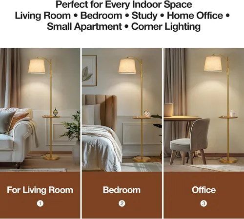 Miniatura 5 de AIDENOEY Lámpara de pie totalmente regulable para sala de estar, lámpara de pie con interruptor giratorio con mesa y pantalla beige de lino, Dorado-1