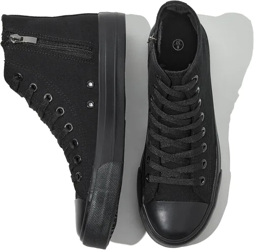 HYPOCRUTE Tenis de lona para mujer, color blanco y negro, con cremallera, con cordones, casuales, para caminar, correr, trabajar