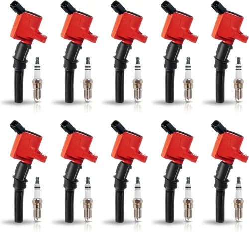 ENA Juego de 10 bobinas de encendido rojas y bujía de iridio compatibles con Ford Lincoln Mercury Crown Victoria E150 E250 Expedition Explorer F150