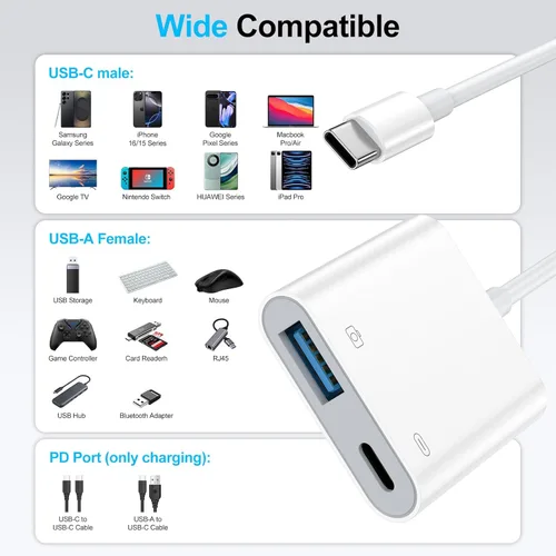 Miniatura 7 de Cable USB C a USB OTG y adaptador de cargador para iPhone 17 Pro Max 16e 16 15 Samsung Galaxy S26 S25 S24 S23 S22 USB C OTG Splitter Adaptador