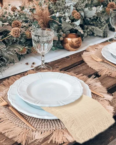 Miniatura 6 de Paquete de 12 servilletas de lino y algodón beige de 16 x 16 pulgadas, hechas a mano con flecos, servilletas de tela suave, lavables y rústicas