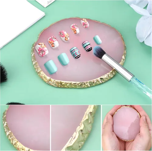 Miniatura 7 de Ouligay Paleta de arte de uñas de resina Paleta de mezcla de maquillaje con borde dorado, herramienta de arte de uñas, diseño de gel, bandeja de Rosa