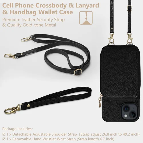 Miniatura 6 de Funda compatible con iPhone 15 de 6.1 pulgadas, cremallera cruzada con ranuras para tarjetas de bloqueo RFID, soporte, cordón y correa de mano