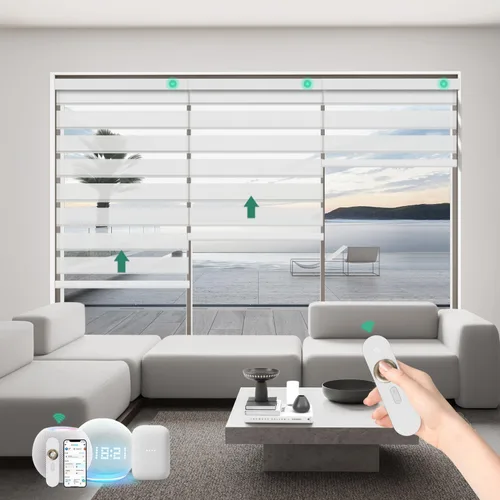 Miniatura 18 de Persianas motorizadas de cebra con control remoto, funcionan con HomeKit Alexa, cortinas eléctricas automáticas para ventanas, 60% opacas, filtro