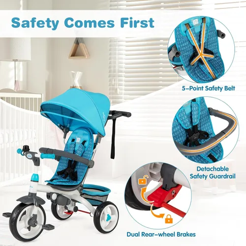 Miniatura 5 de Costzon - Triciclo para niños pequeños, 6 en 1 con mango para padres, toldo ajustable, almacenamiento, arnés de seguridad y frenos de rueda