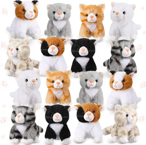 Leitee 16 piezas de animales de peluche para gatos, recuerdos de fiesta a granel, de 5 pulgadas, juguete de peluche de gatito lindo surtido, regalo