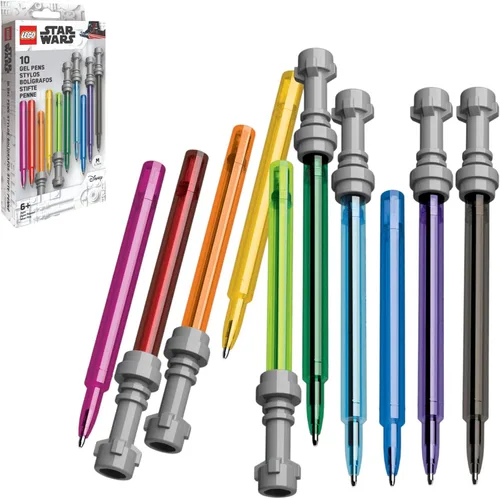 IQ LEGO - Bolígrafo de gel con sable de luz de Star Wars, paquete de 10 (53116), arcoíris de 10 colores, bolígrafos recargables para adolescentes y