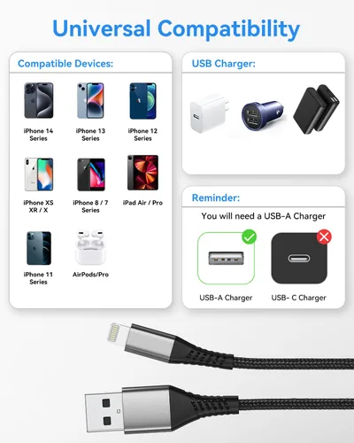 Miniatura 7 de Umefly Cable de carga corto para iPhone de 1 pie, paquete de 2 cables USB a Lightning para automóvil, cable de carga de iPhone de 1 pie para iPhone
