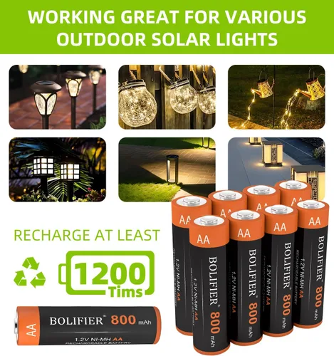 Miniatura 3 de NiMH Baterías AA recargables, 1.2 V 800 mAh recargables AA baterías solares para luces solares al aire libre y dispositivos domésticos, precargadas
