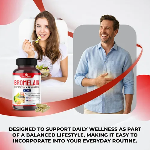 Miniatura 5 de Suplemento de bromelina con quercetina, zinc, fenogreco, cúrcuma, jengibre, pimienta negra y probióticos - Apoya la digestión, la salud