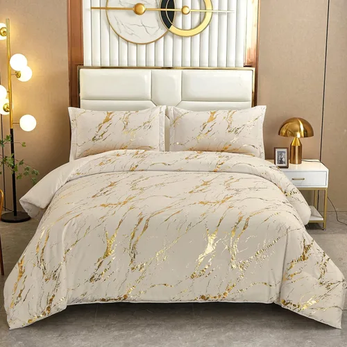 Miniatura 12 de WONGS BEDDING Juego de edredón de mármol metálico negro dorado Queen con estampado de lámina brillante y purpurina, juegos de ropa de cama con 2