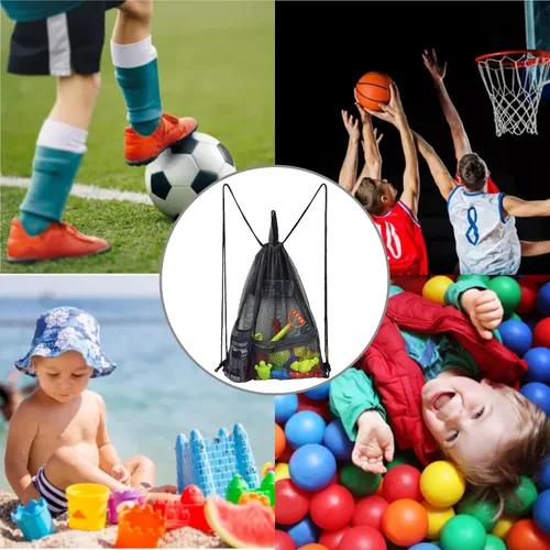Miniatura 6 de Heavy Duty Drawstring Mesh Bag, Gym Backpack Sports String Bag with Bottle Holder for Balls, Swiming, Beach Toys