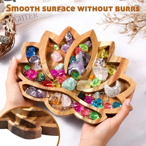 Miniatura 3 de Vesici Bandeja de cristal de loto para piedras, cristales y piedras curativas, bandeja de almacenamiento de cristal de madera con forma de loto