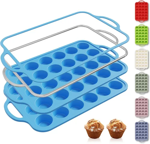 Miniatura 51 de 2 paquetes de 12 tazas de molde para magdalenas de silicona para hornear con marco reforzado de metal, molde para cupcakes de tamaño regular, Crema