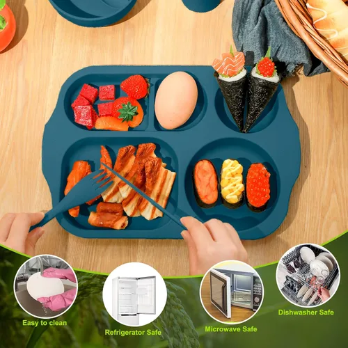 Miniatura 4 de Juego de vajilla de paja de trigo de 24 piezas para adultos que incluye platos divididos, tazón apto para microondas y lavavajillas, vajilla Bright