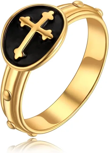 Anillo de cruz de rosario francés para mujer, joyería de oración de plataoro, anillo de regalo católico