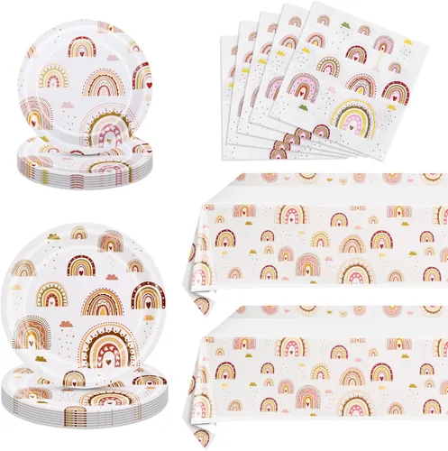 Ryzovo Juego de 62 piezas de vajilla bohemia para fiesta de arcoíris, incluye platos de papel, servilletas, mantel para niñas y niños, decoración de