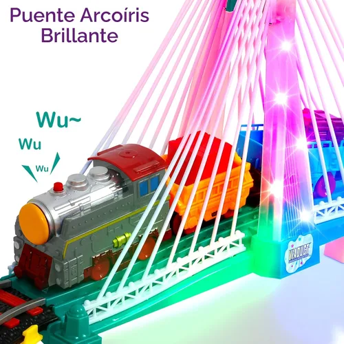 Miniatura 3 de Juego de tren eléctrico para niños de 4 a 8 años con juego de pistas de tren y pistas de automóvil, puente iluminado, señal de tráfico, sonido