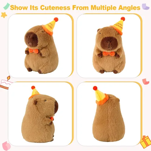 Miniatura 5 de Ditucu Lindo Peluche de Capibara con Sombrero de Cumpleaños Feliz y Lazo, Animal de Peluche Suave, Juguetes de Peluche para Niños, Decoración