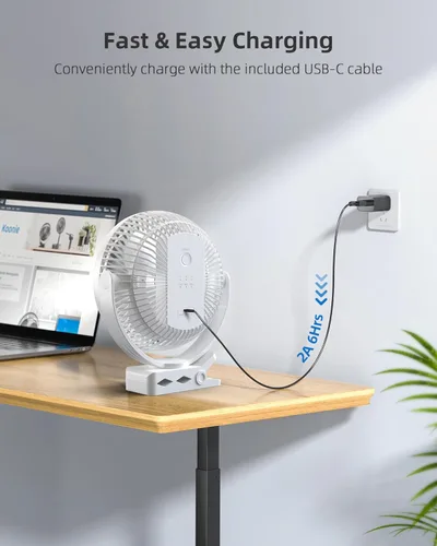 Miniatura 9 de Koonie Ventilador portátil con clip de 8 pulgadas, 10000 mAh, recargable por USB, funciona con batería, 4 velocidades, flujo de aire fuerte, Blanco
