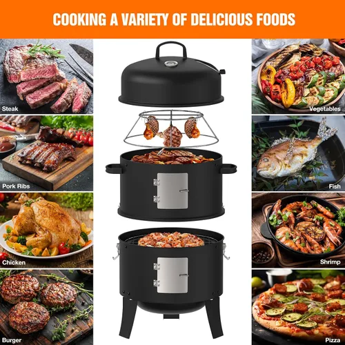Miniatura 9 de Ahumador de carbón de 16", Parrilla de barbacoa vertical resistente 3 en 1, Fogata al aire libre con área de cocción de 402 pulgadas cuadradas