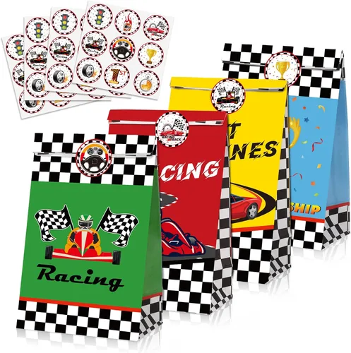 Tallew 24 bolsas de recuerdo de fiesta de coches de carreras con calcomanías, bandera a cuadros, bolsa de dulces para fiesta de carreras, Pit Crew