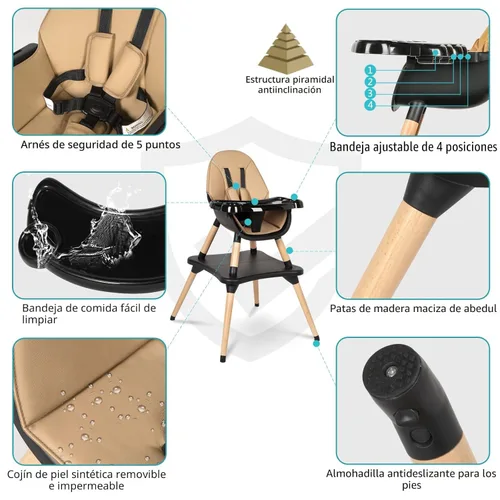 Miniatura 3 de Silla alta 6 en 1 para bebés y niños pequeños, silla alta de madera convertible, juego de mesa y silla, silla de alimentación para bebé, arnés Negro
