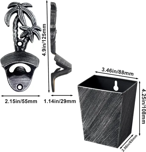 Miniatura 5 de Abrebotellas de palmera rústica, abridor de botellas montado en la pared con recogedor de tapas drenado para regalos de playa (plata envejecida)