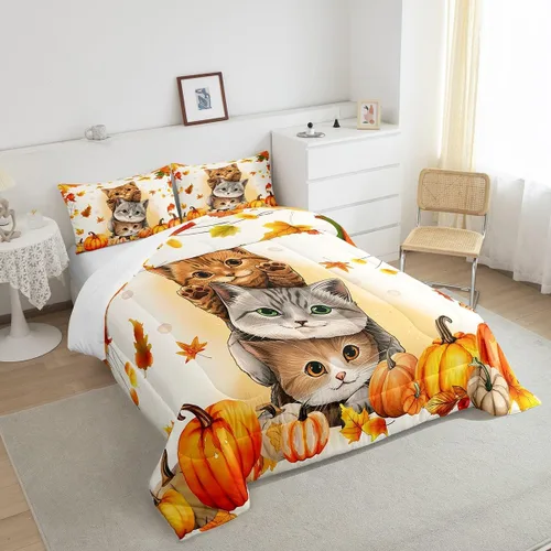 Miniatura 4 de Erosebridal Juego de edredón de gatos lindos para niños, juego de ropa de cama de calabaza y hoja de arce para niñas y niños, juego de edredón