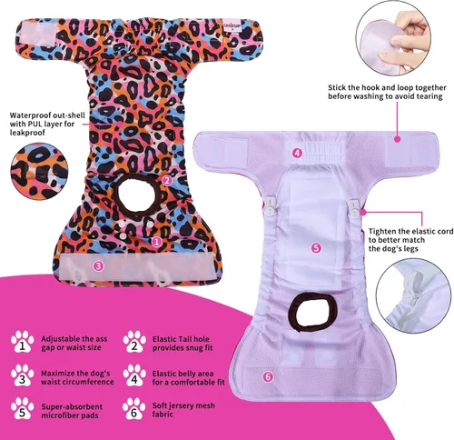 Miniatura 4 de Pañales reutilizables para perras femeninas, almohadillas lavables para orina de cachorro con correa ajustable para perros pequeños en calor e