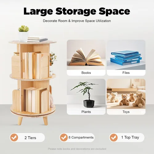Miniatura 5 de Estantería giratoria, estantería esquinera independiente de 360 grados para espacios pequeños, estante de almacenamiento de madera maciza, 2-Tier
