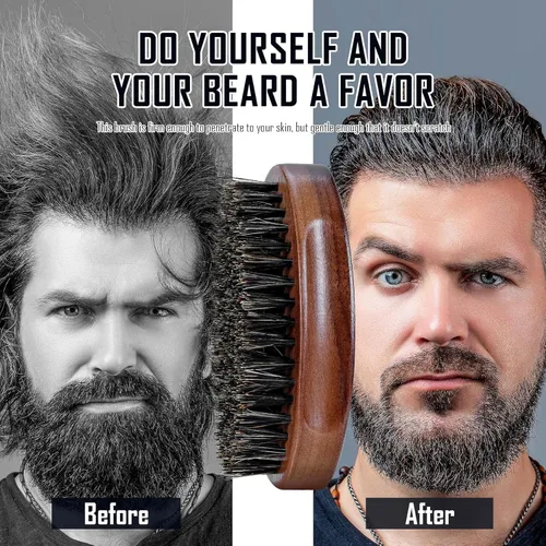 Miniatura 4 de BFWood Cepillo para barba de cerdas de jabalí, estilo militar de nogal de madera negra, cepillo de bigote de madera para hombre