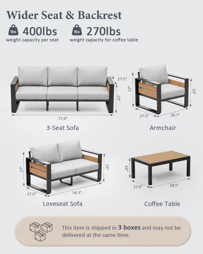 Miniatura 2 de ZANDOR Juego de muebles de aluminio para patio al aire libre, 4 piezas de metal moderno, sofá seccional para conversación al aire libre con mesa