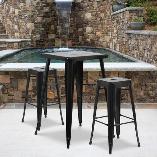 EMMA + OLIVER Comercial 23.75SQ Negro Metal Indoor-Outdoor Bar Table Set-2 Taburetes Sin Respaldo