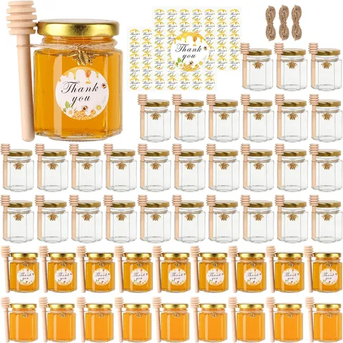 Miniatura 8 de Mini tarros de miel de 1.5 onzas – Paquete de 60 tarros hexagonales de vidrio con varitas de miel de madera, tapas doradas, colgantes de abeja