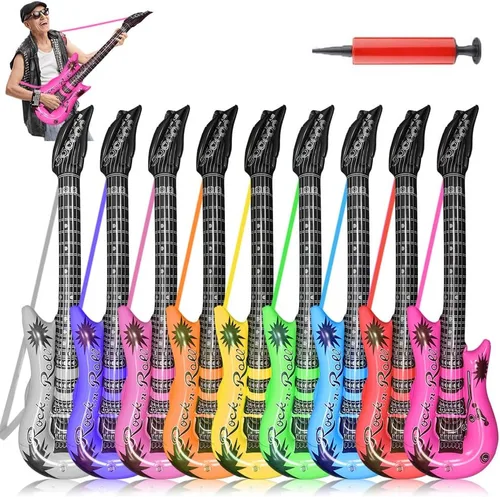 Guitarra inflable con correa, 9 colores de 35 pulgadas, juego de guitarra de estrella de rock para fiesta temática de carnaval de los años 80 y 90,