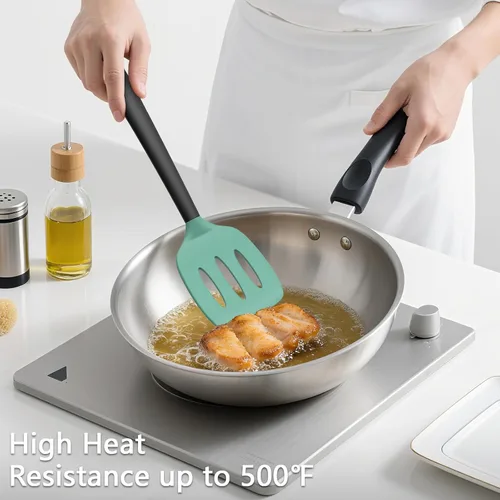 Miniatura 4 de Coukre Juego de 3 espátulas de silicona, resistentes a altas temperaturas, sin BPA, espátulas para pescado, mango sólido y ranurado para sartenes