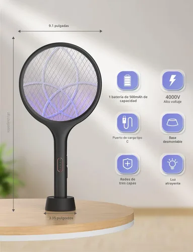Miniatura 5 de YISSVIC Matamoscas eléctrico de 4000 V, matamoscas de insectos de doble modo, con luz de mosquitos morada, recargable para interiores, hogar
