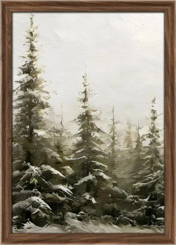 Miniatura 249 de MUDECOR Lienzo enmarcado prémium para pared, pinos nevados en bosque de invierno, ilustraciones modernas, arte contemporáneo, escénico, divertido