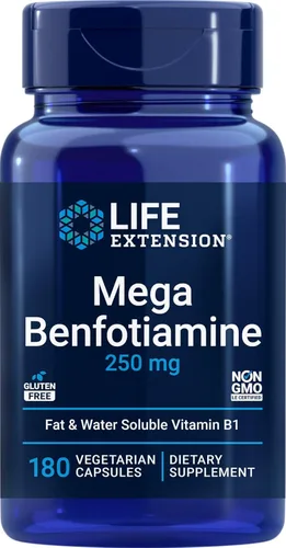 Life Extension Mega Benfotiamina, 250 mg, 180 cápsulas vegetales con tiamina - Suplemento de vitamina B1