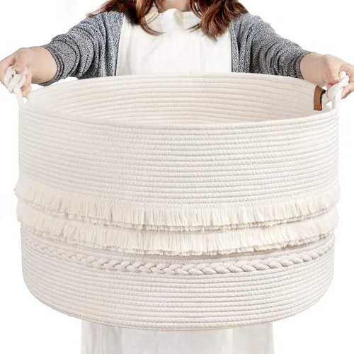 Miniatura 14 de CherryNow Cesta grande de mimbre para lavandería, entrada, dormitorio, cestas decorativas de yute para ropa, juguetes, cesta de toalla para baño, 22