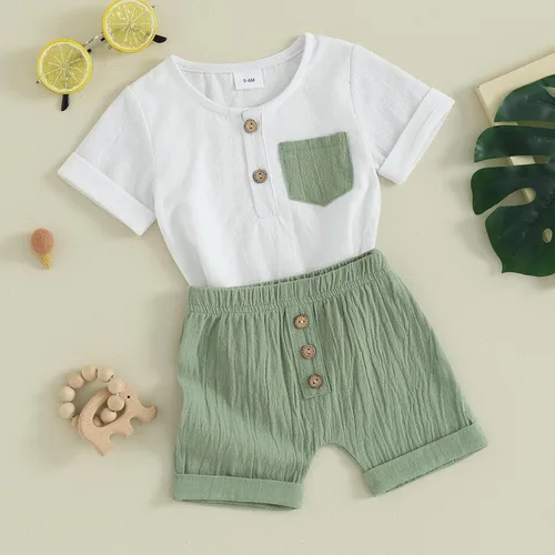 Miniatura 24 de Conjunto de ropa casual de manga corta con botones y pantalones cortos de lino para bebés y niños pequeños