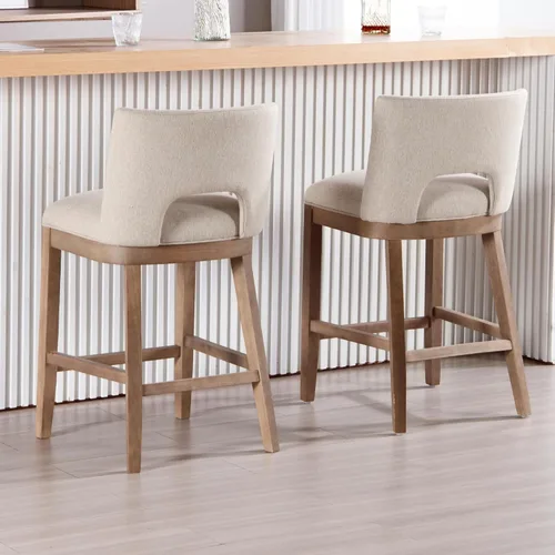 Miniatura 3 de Chairus Juego de 2 taburetes de bar de 26" sin brazos, acolchados con respaldo de madera y patas, taburetes tapizados en tela de lino para encimera