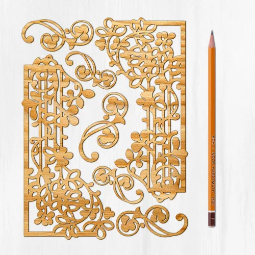 Ajoure Lasercut Embelishments # Art Nouveau - Marcos de borde con patrón floral, chapa vintage, madera aglomerada, silueta de madera contrachapada