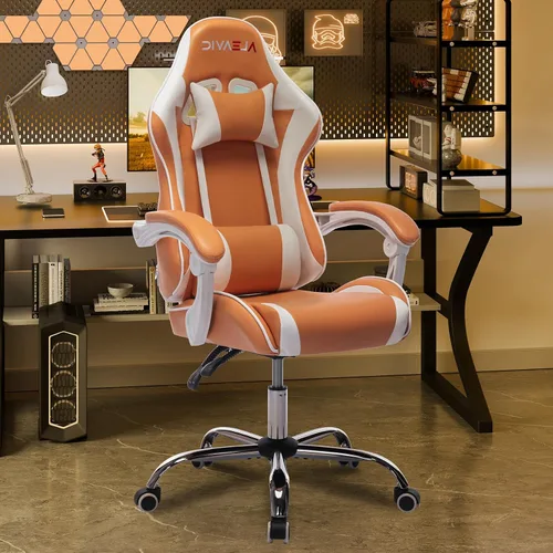 Miniatura 2 de Silla de juegos para adultos, silla ergonómica de respaldo alto para juegos de computadora con reposacabezas y soporte lumbar, color naranja