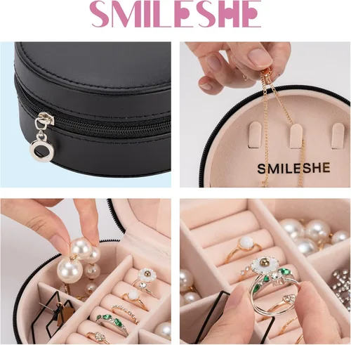 Miniatura 3 de Smileshe Joyero de viaje, mini organizador portátil con cremallera, de piel sintética, pequeñas cajas de almacenamiento para anillos, aretes